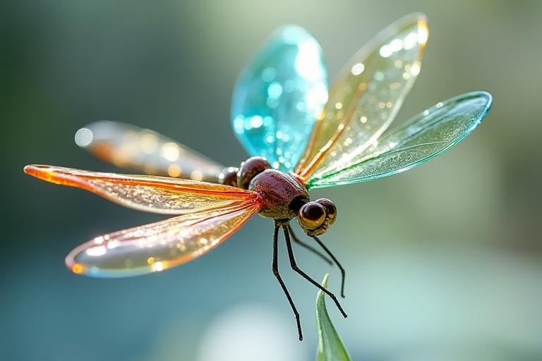 Una delicata libellula con ali in vetro di Murano colorato e corpo in acciaio.